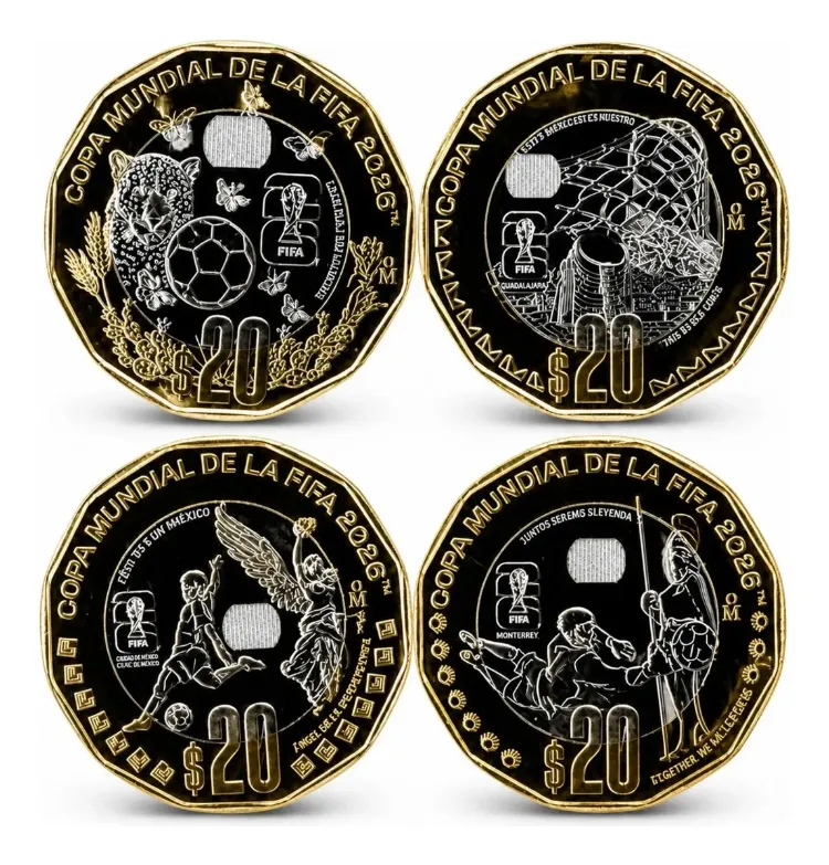 Colección de monedas de 20 pesos del mundial con diseños conmemorativos del torneo de fútbol emitidas por el Banco de México